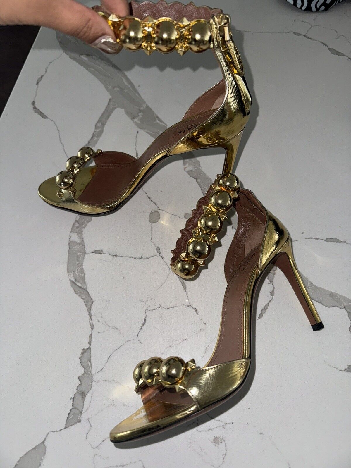 ALAÏA Women's Gold Metallic Bombe Studded Sandals… - image 4