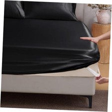 Satin Fitted Sheet Size with Elastic Corner Straps, Luxury Soft Full Black