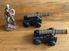 Vintage miniature 3 Cannons Brass Barrel on a Cast Iron Carriage. Bonus Pirate