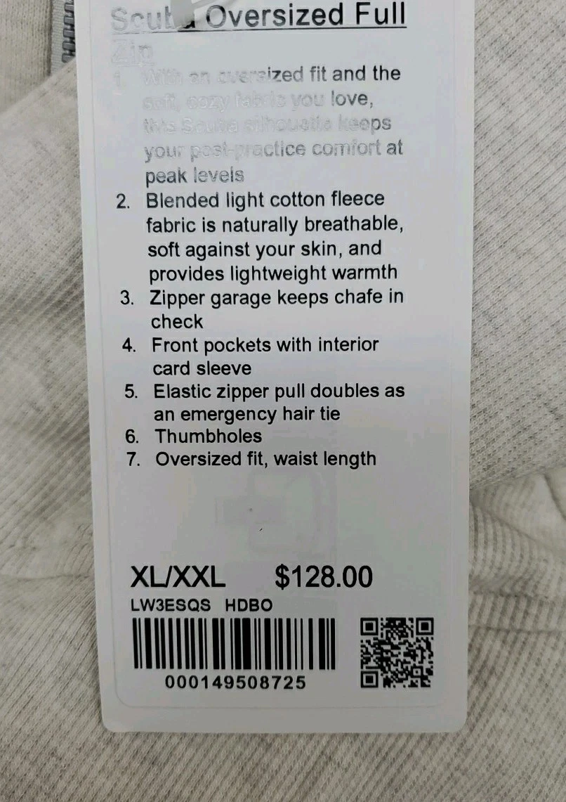 OFF WHITE Nuova felpa Lululemon Scuba oversize full zip con tasche bianco opale taglia XL XXL