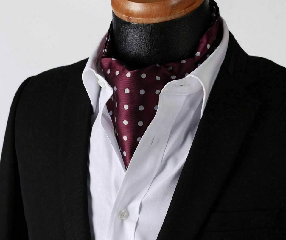 Bordeaux Rosso Raso Seta Uomo Argento a Pois Foulard Elegante Matrimonio Ascot - Immagine 2 di 2