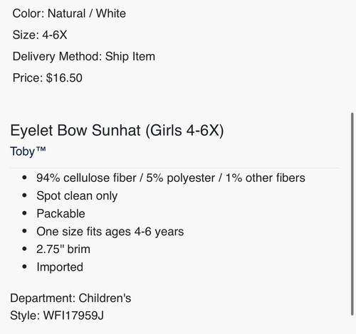 Girls Size 4-6x Natural Easter Hat With White Eyelet Bow Toby Von Maur NEW - Picture 2 of 8