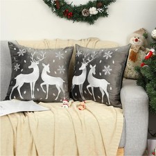 Christmas Soft Velvet Throw Pillow Cover, 2 Pack Deer Snowflake Embroidery De...