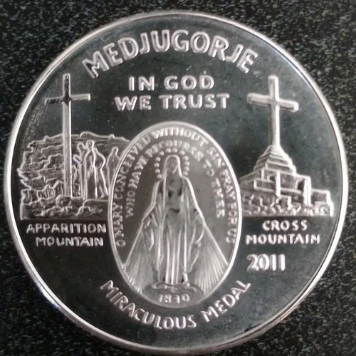 2011 1oz Virgin Mary Miraculous Medal Medjugorje Queen of Peace .999 Fine Silver