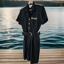 1980s S.L. Fashions Military Styled Romper with Metal Buttons and Pockets