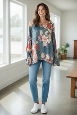 Johnny Was Jade Blouse Top Claudine Flowing Silk Smocked  Slit Sleeves Size S