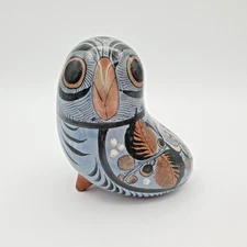 Vintage Tonala Mexican Folk Art Pottery Owl Figurine Blue Orange Hand Painted