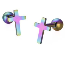 16G RAINBOW STEEL CROSS logo LABRET TRAGUS EAR CONCH HELIX DAITH Ball RING STUD