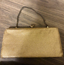 Gold Metallic Fiber Clutch w/ Gold Chain Shoulder Strap, Clasp, Lined