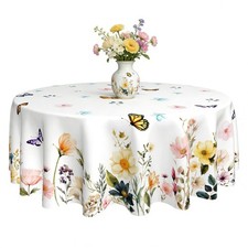 Spring Tablecloth 60 x 60 Inch Round Watercolor Flowers Table Cover Waterproof