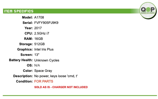 PARA REPUESTOS: MacBook Pro A1708 2017 - 13", 2,5 GHz i7, 16 GB RAM, 512 GB Foto 2 de 4