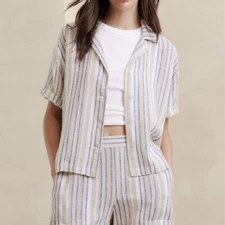 NWT Banana Republic Factory Linen Button Front Collared Shirt Stripe Ivory XXL