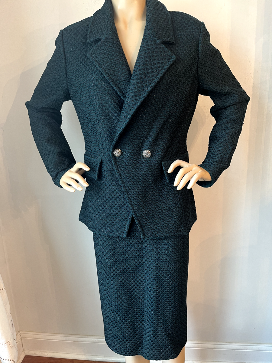 NWT St John Knit suit skirt jacket size Ponderosa deep green black wool