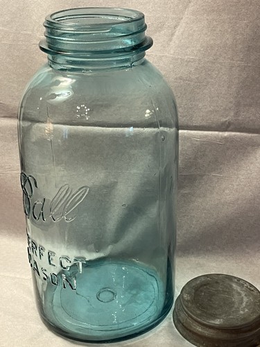 Antique #0 Ball Perfect Mason Blue Glass Half Gallon Canning Jar Zinc Lid 9.5" T - Bild 18 von 24