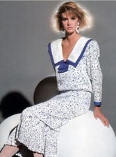 Vintage 1980s Flora Kung Blue White Silk Long Sleeve Dress Size 6 Splatter Print