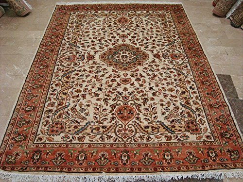 Ivory Medallion Vaas Rectangle Area Rug Hand Knotted Wool Silk Carpet (8 x 6)' - Picture 1 of 9