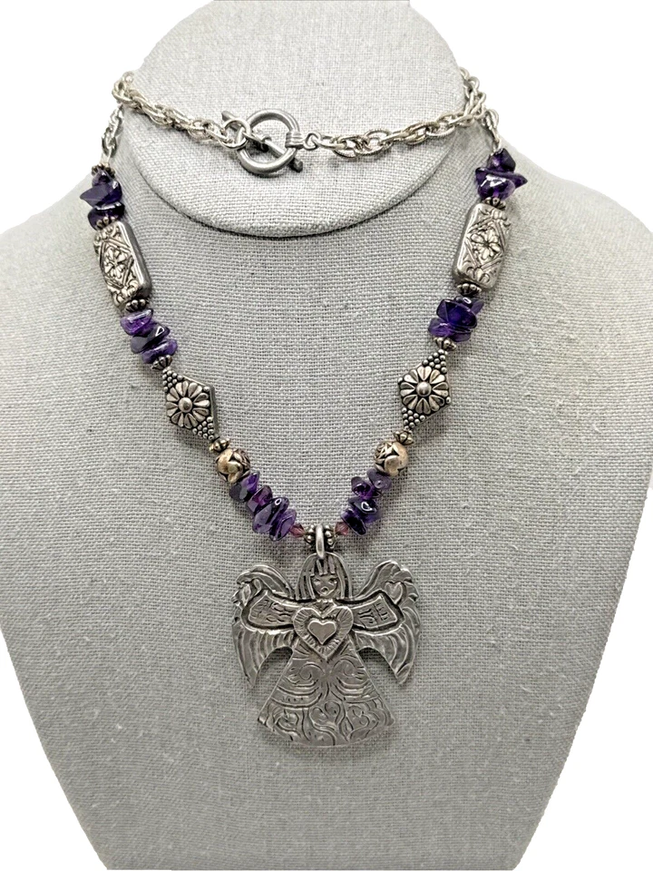 Collar Colgante Ángel Caridad Peltre Marcie Vintage Cuentas Amatista 24" Foto 3 de 4