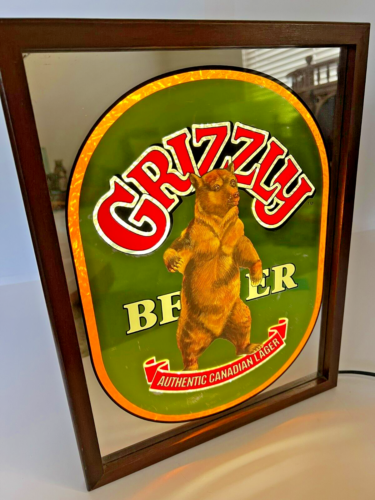 Vintage Antique GRIZZLY BEER Authentic Canadian Lager Lighted Mirror Bar Display - Picture 1 of 6