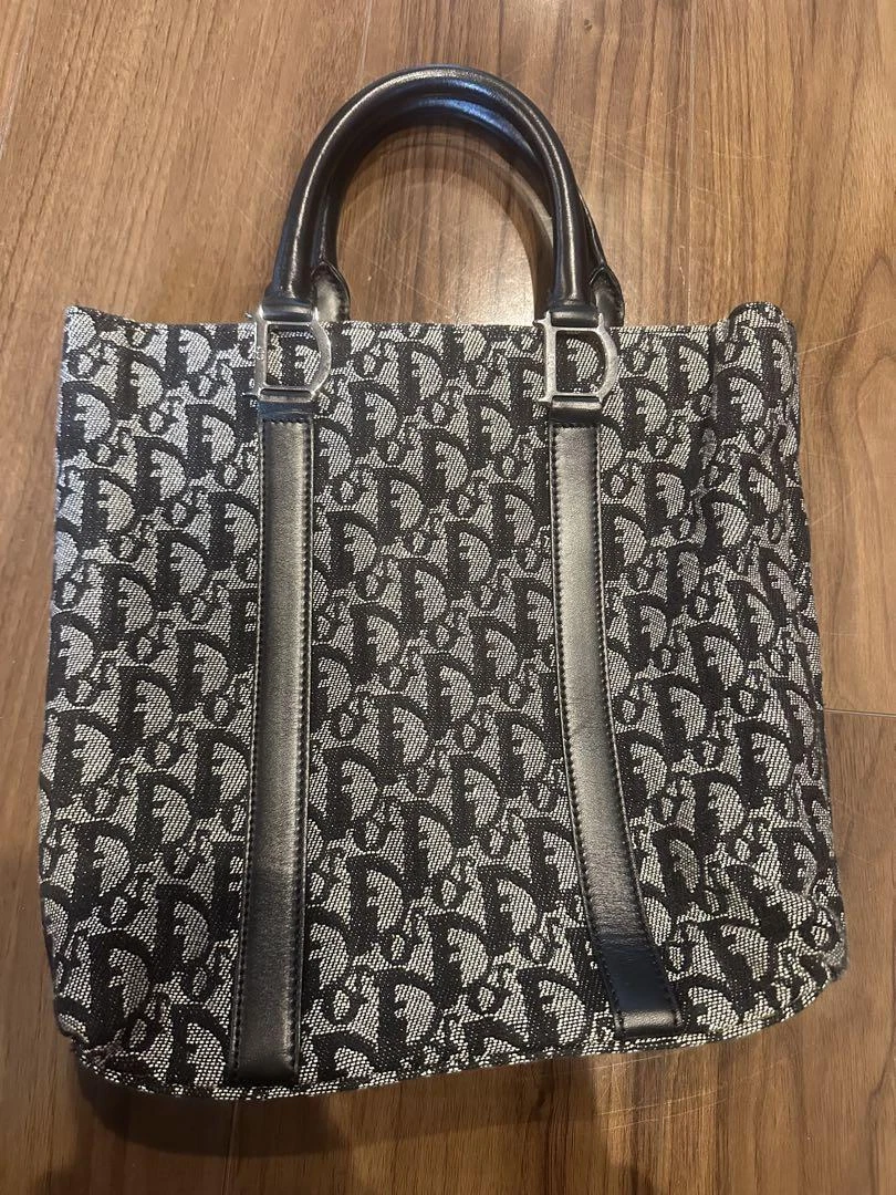 Mini sac fourre tout trotteur Christian Dior toile cuir gris marine occasion