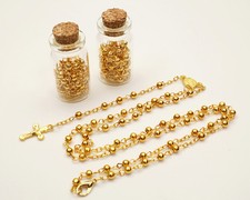 12 PC Gold Glass Bottle Rosary Baptism Favors Boy Recuerdos Bautizo Rosario