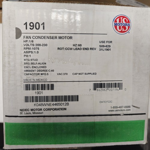 Nidec 1901 US Motors Condenser Fan Motor 208-230V 1/6 HP 1075 RPM 31L1901 S89629 - Bild 2 von 3