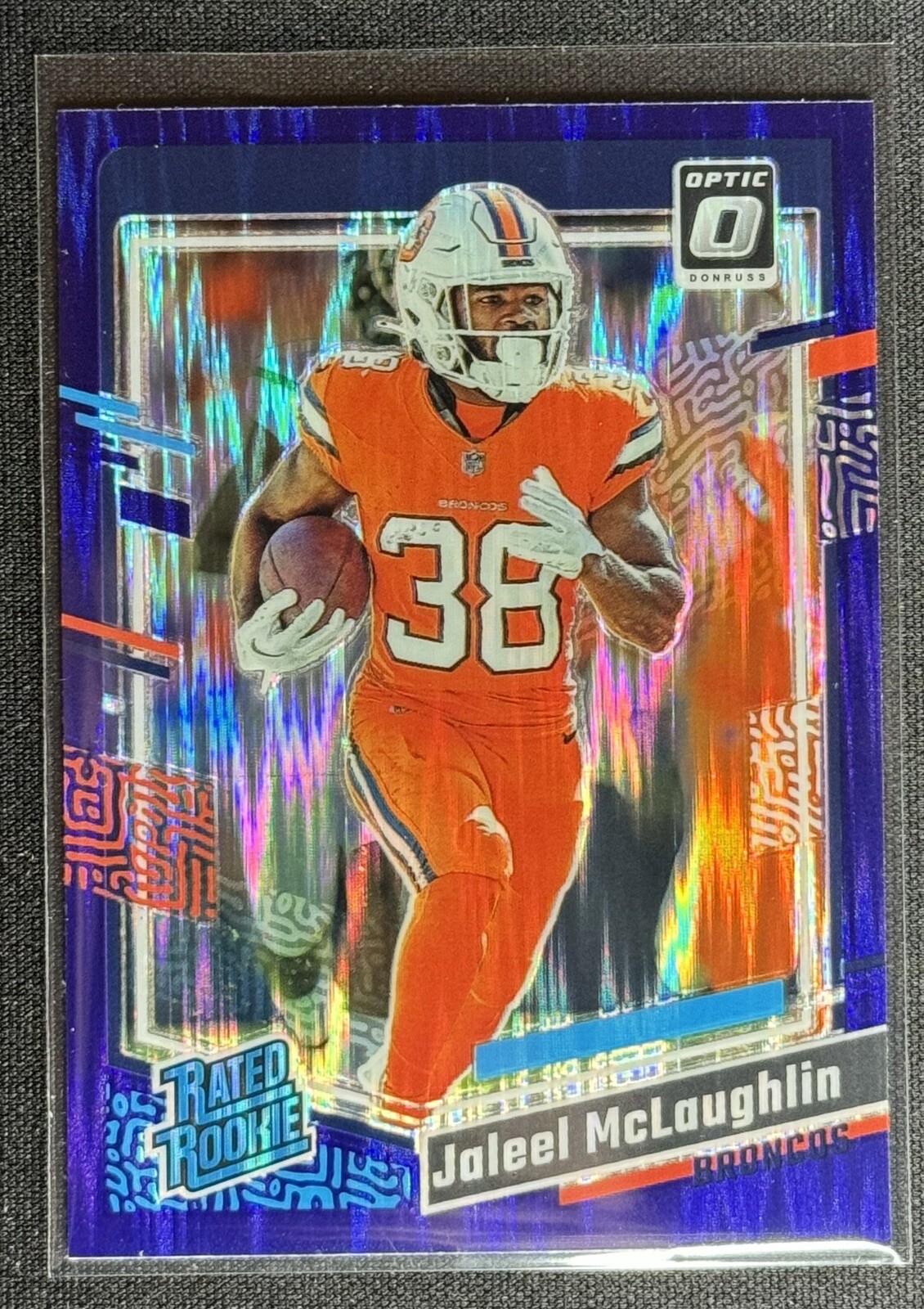 2023 Donruss Optic #232 Jaleel McLaughlin Purple Shock Prizm RC Denver Broncos