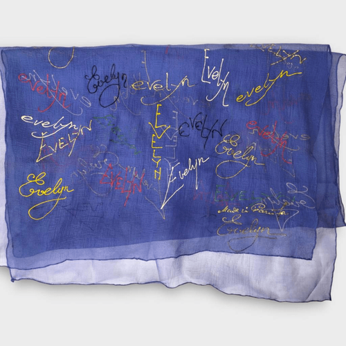 Handmade Silk Chiffon Blue Scarf Made In Paris for Evelyn Name Rectangle Vintage - Picture 3 of 11