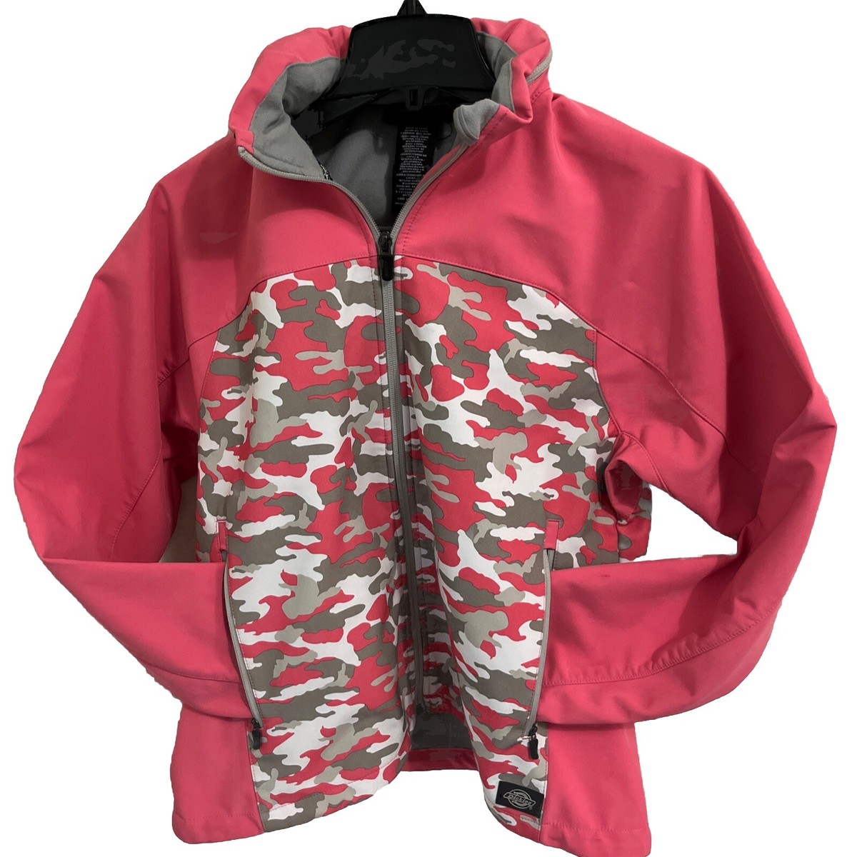 Dickies Pink Camo Jacket Women Sz L Hidden Hood Zip Pocket Adjustable Waist  Coat - Main Image