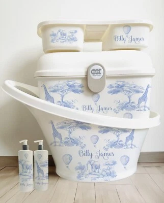 Personalised Shnuggle, ok baby box and tray set Saffari Blue