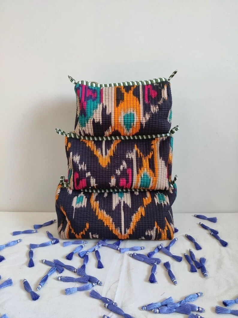 Indian Black Ikat Cotton Quilted Toiletry Purse Cosmetic Storage Bag Of 3 Pc