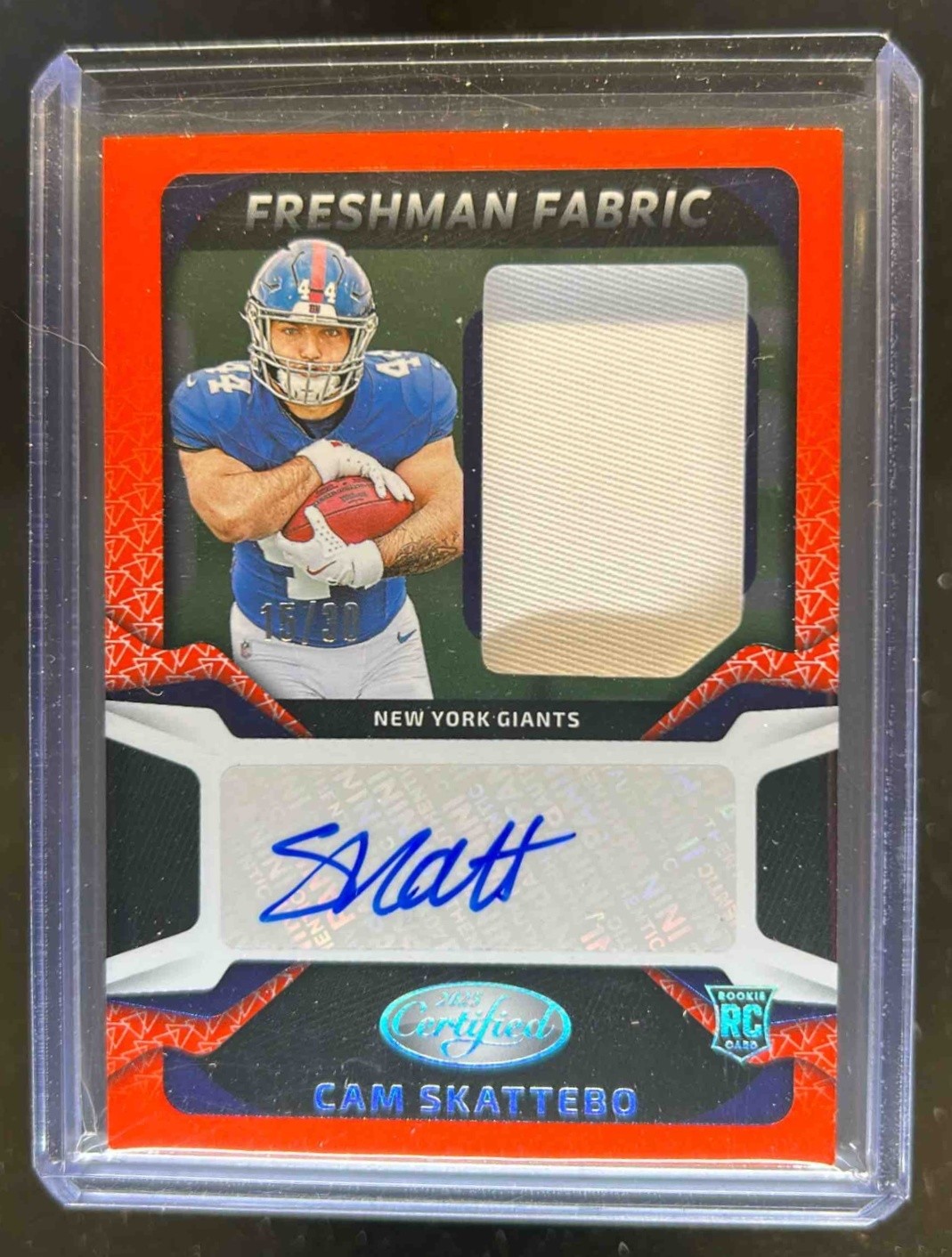 2025 Certified Cam Skattebo Freshman Fabric Mirror Patch Orange Etch RC Auto /30