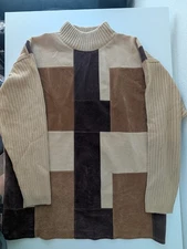 Koman Sweater Sport Outerwear Brown Faux Suede Patchwork Mens XL Extra Large