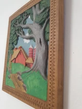 Hand-Carved Wood Relief Wall Art – Signed Bob Keefner (2013) – Farm Scene