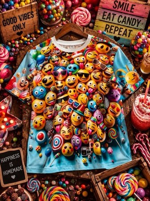 Damen T-Shirt XL Smiley Emoji Fun Print Rundhals Freizeit Shirt Bunt Neuw.