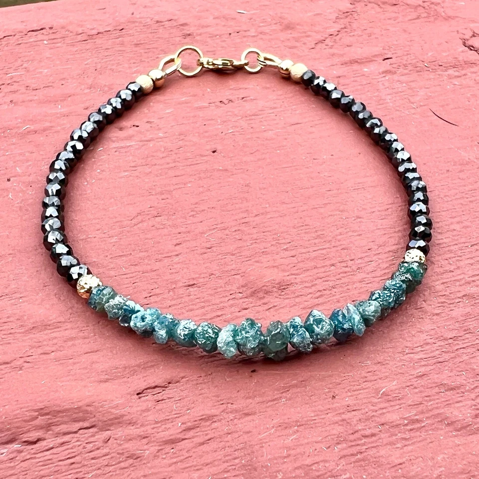 Natural Black and Rough Blue Diamond Bracelet Solid 18K Gold , 7.2" Long - Image 4 of 4