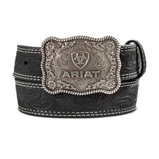 A1309701 Ariat Boy's Tooled Double Stitched Leather Belt with Buckle - Black NEW