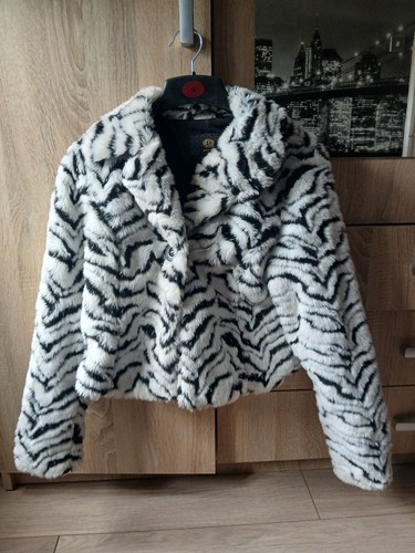 QED London Damen Kunstfell Tiger Print Cropped Jacke Größe 12 Gebraucht