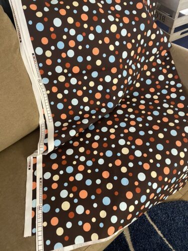 BIG Polka DOTS Canvas UPHOLSTERY FABRIC 56"W Blue Peach White on BROWN 3 YARDS - Picture 3 of 10