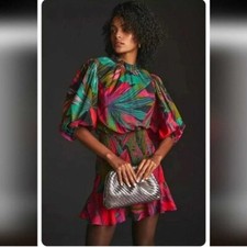 New FARM RIO Smocked Puff Sleeve Dress In Midnight Leaves. Size Small