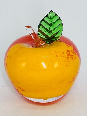 Lorup Estonia Vintage  Handblown Art Glass Apple Yellow Red Fall Paperweight 3''