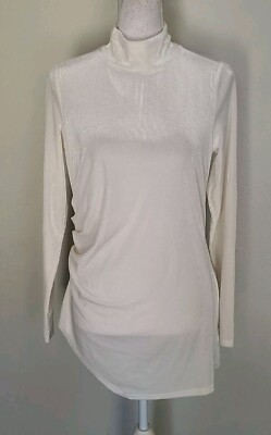 LL DG2 by Diane GilmanSide Rutched Ribbed Knit Turtleneck Tunic Sweater White S