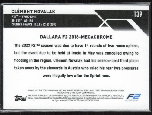 2023 Topps Chrome Formula 1 #139 Clément Novalak Aqua Wave Refractor #/150 - Picture 2 of 2