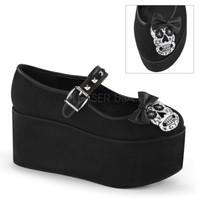 Demonia Click-02-3 Black Canvas Skull Bow Studded Platform Mary Jane Shoes Demonia Click-02-3 Black Canvas Skull Bow Studded Platform Mary Jane Shoes