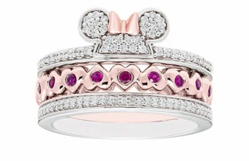 Minnie Mouse 0.75 Ct Round White & Red Ruby Wedding Trio Ring Set in 925 Silver