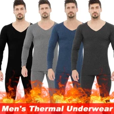 Men's V-Neck Long Johns Thermal Underwear Set Fleece Lined Base Layer Top Bottom