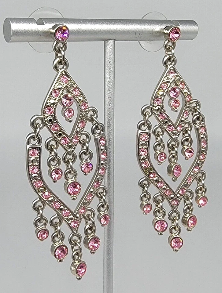 Pendientes araña de diamantes de imitación rosa colgantes tono plata metal postes perforados Foto 3 de 4