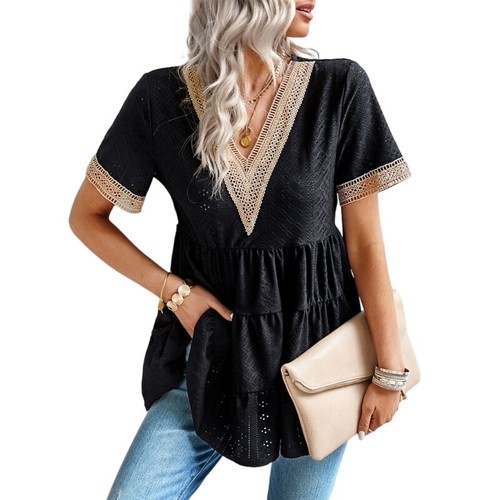 Women Babydoll Blouses V-Neck Tunic Tops Summer Casual Loose Ruffle Sleeve Tops - Picture 23 of 24