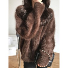 Mink Fur Round Neck Pullover Sweater Womens A...