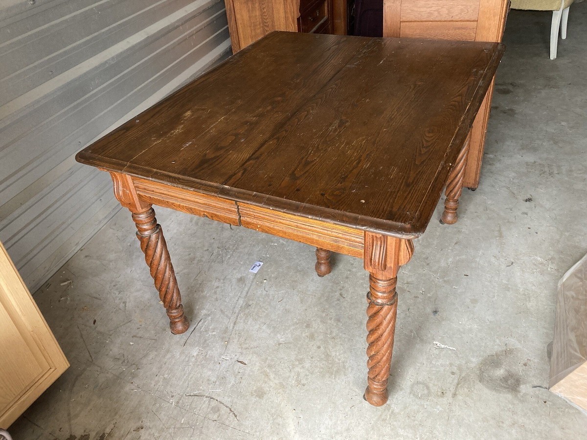 Antique Square Kitchen Vintage Farmhouse Oak Table Barley Twist Leg No  Leaves