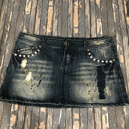 Almost Famous Jean Mini Skirt Juniors 5 Blue Denim Studded Paint Spatter  - Picture 1 of 9